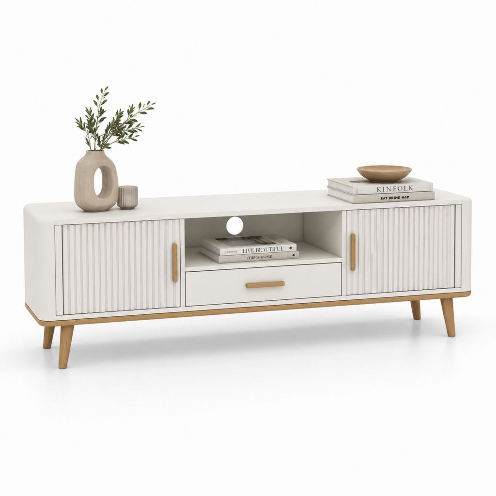 Meuble TV blanc en MDF rectangulaire avec 2 portes 1 tiroir et niche 160 x 40 x 55 cm