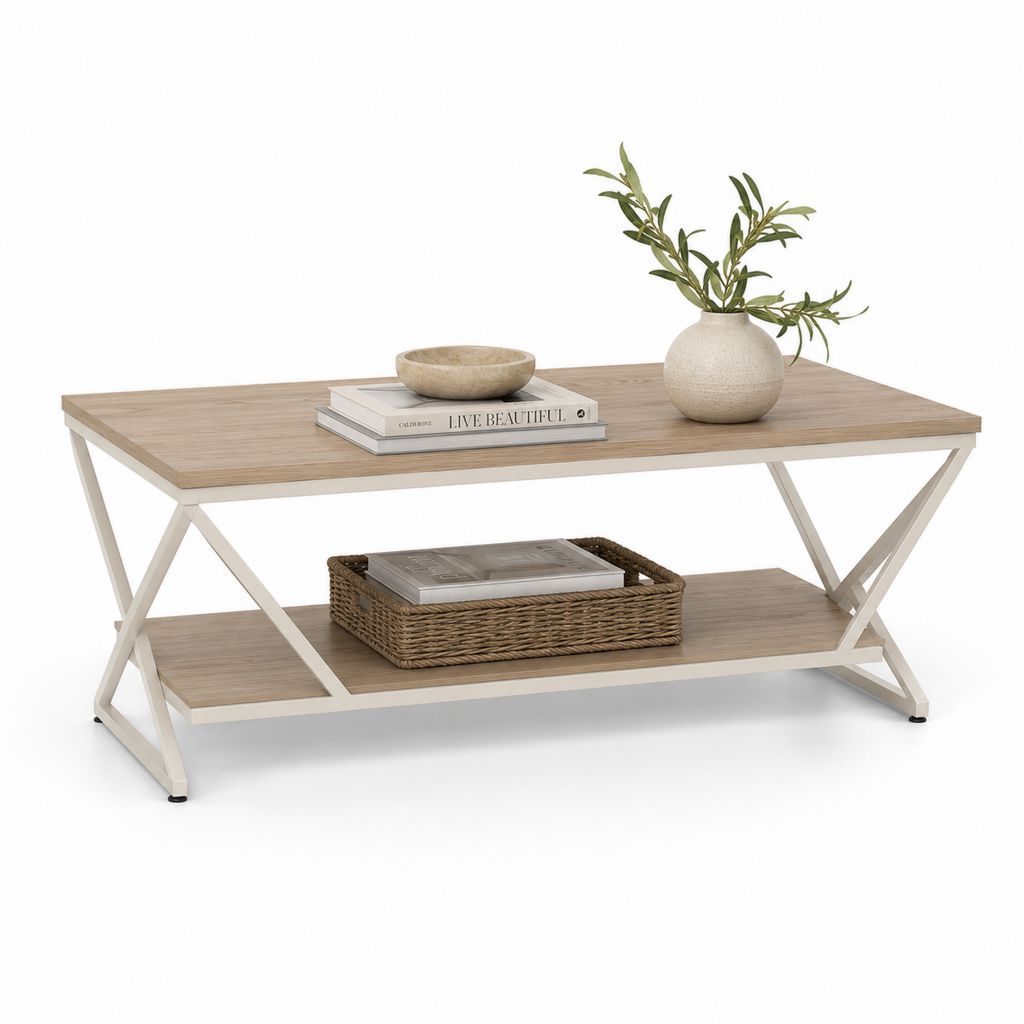 Table basse rectangulaire 110 x 60 x 45 cm décor chêne et acier blanc avec étagère