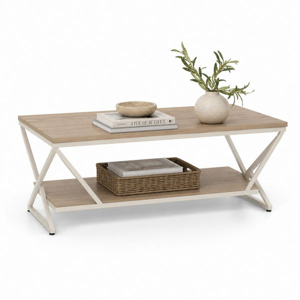 Table basse rectangulaire 110 x 60 x 45 cm décor chêne et acier blanc avec étagère