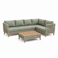 Salon de jardin d'angle 4 places vert sauge en résine tressée PE avec table basse en acacia 230 x 160 x 78 cm