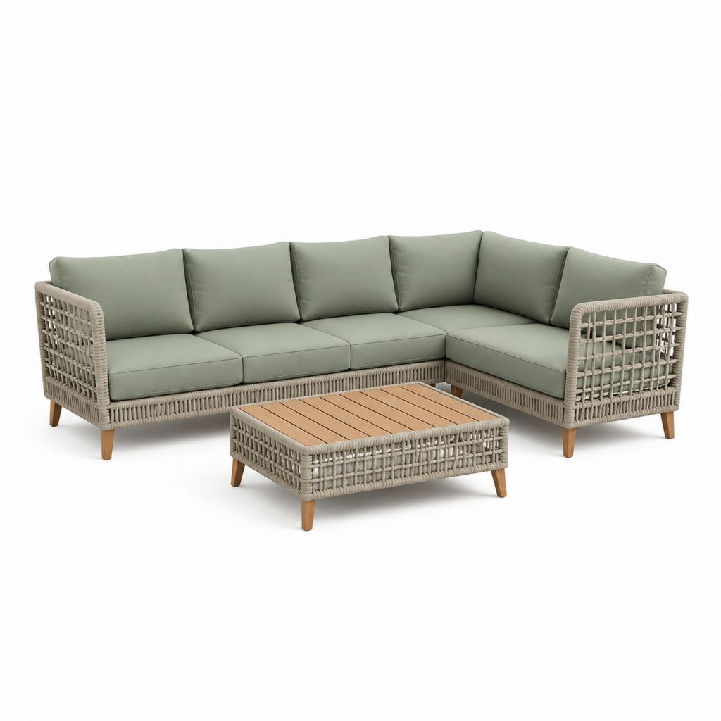 Salon de jardin d'angle 4 places vert sauge en résine tressée PE avec table basse en acacia 230 x 160 x 78 cm