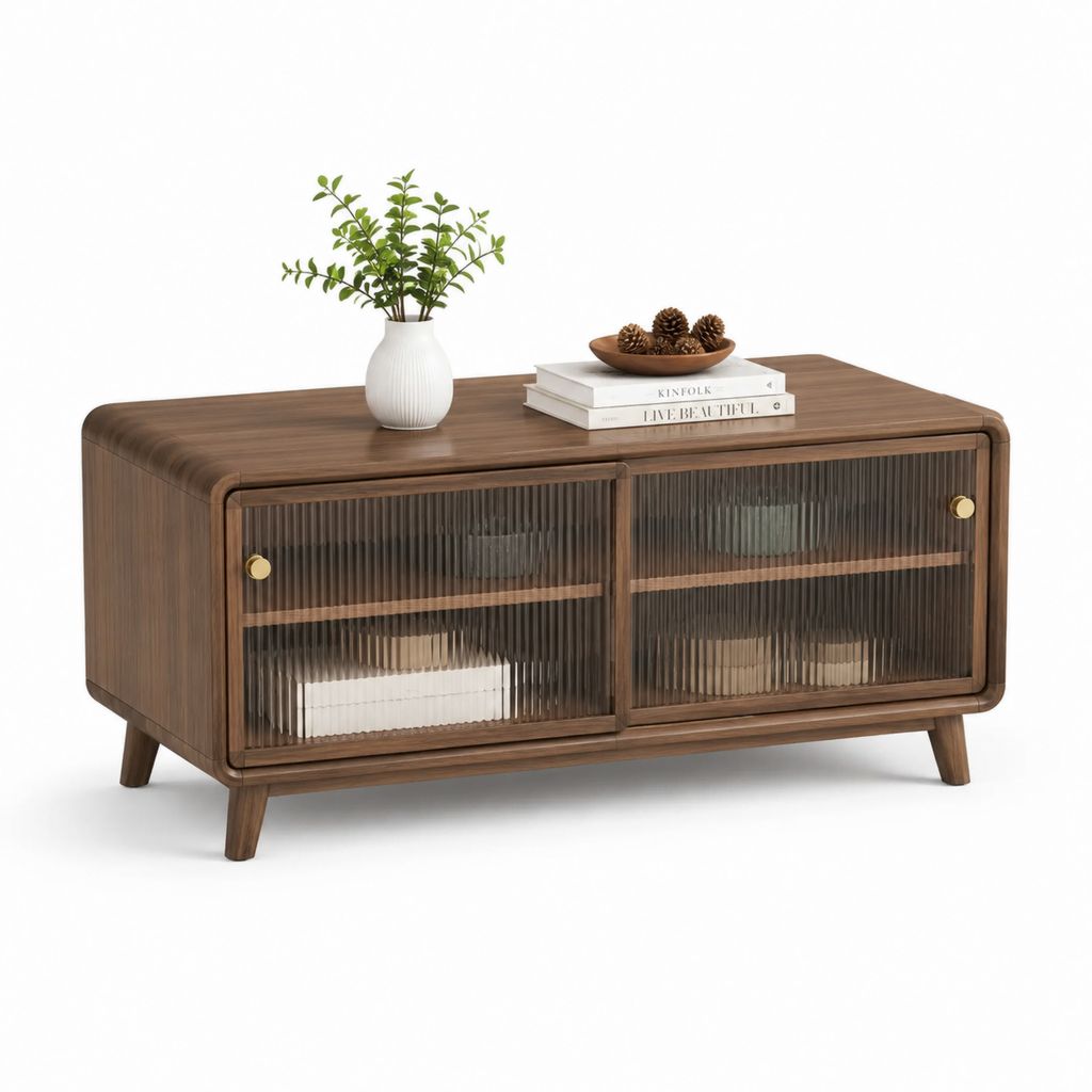 Table basse avec rangement noyer en MDF et verre trempé strié 120 x 40 x 55 cm