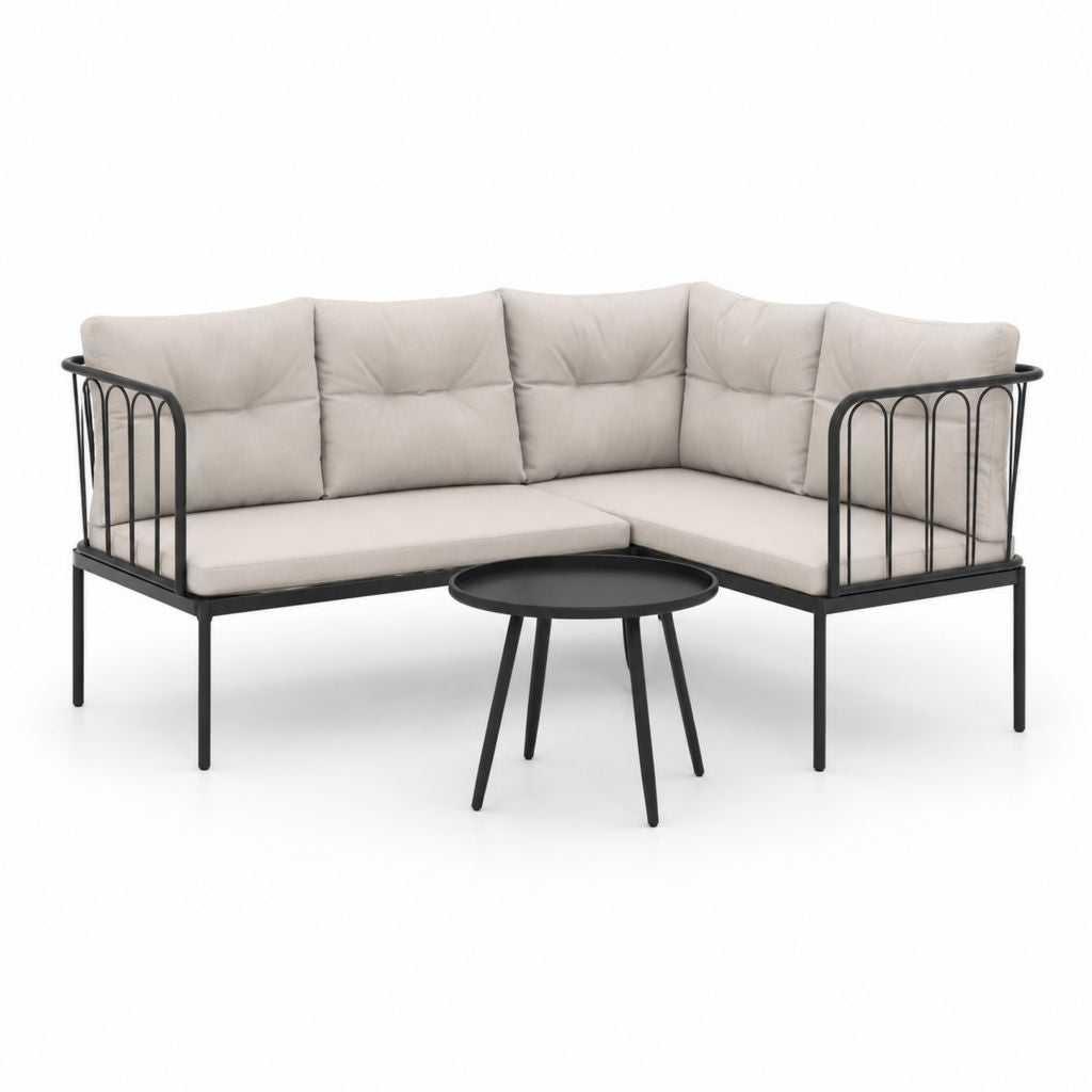 Salon de jardin d'angle 3 pièces beige et noir en acier thermolaqué avec coussins en polyester 180 x 180 x 70 cm