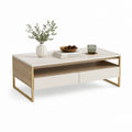 Table basse rectangulaire blanche et chêne clair en panneaux MDF 100 x 50 x 45 cm avec 2 tiroirs