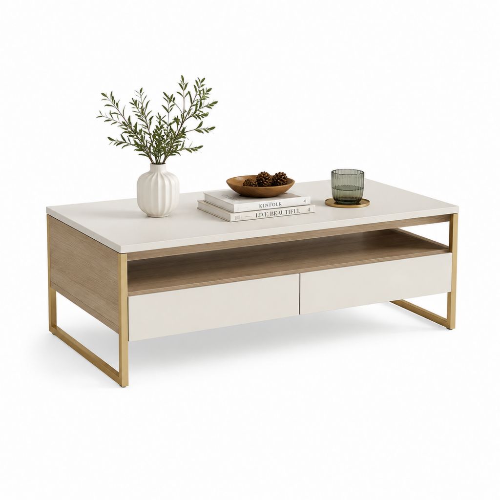Table basse rectangulaire blanche et chêne clair en panneaux MDF 100 x 50 x 45 cm avec 2 tiroirs