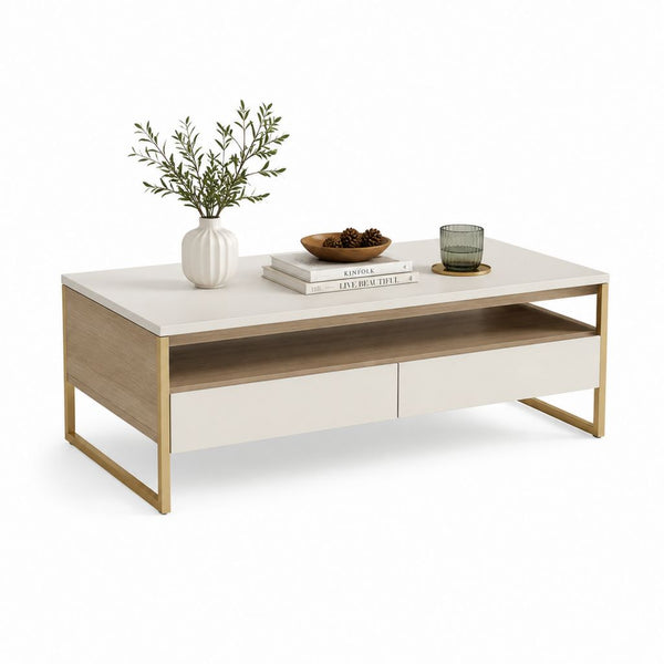 Table basse rectangulaire blanche et chêne clair en panneaux MDF 100 x 50 x 45 cm avec 2 tiroirs