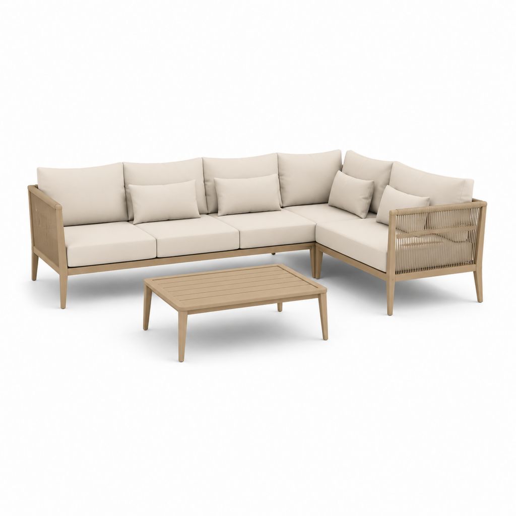 Salon de jardin d’angle 5 places avec table basse beige en bois massif d’acacia 250 x 250 cm