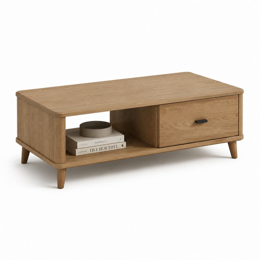 Table basse rectangulaire en panneaux MDF plaqués chêne avec tiroir et niche 100 x 50 x 45 cm
