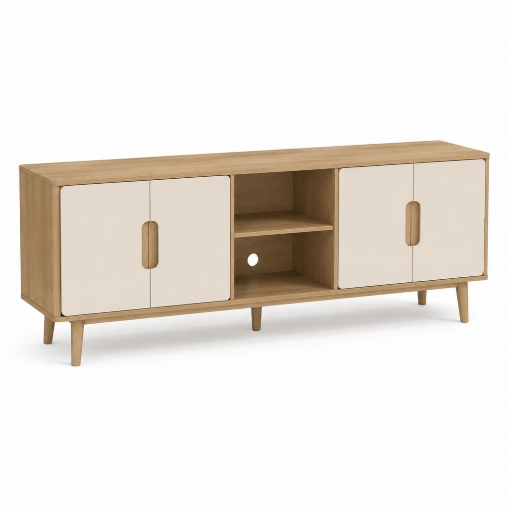 Meuble TV rectangulaire 4 portes chêne clair et écru en MDF 160 x 40 x 75 cm