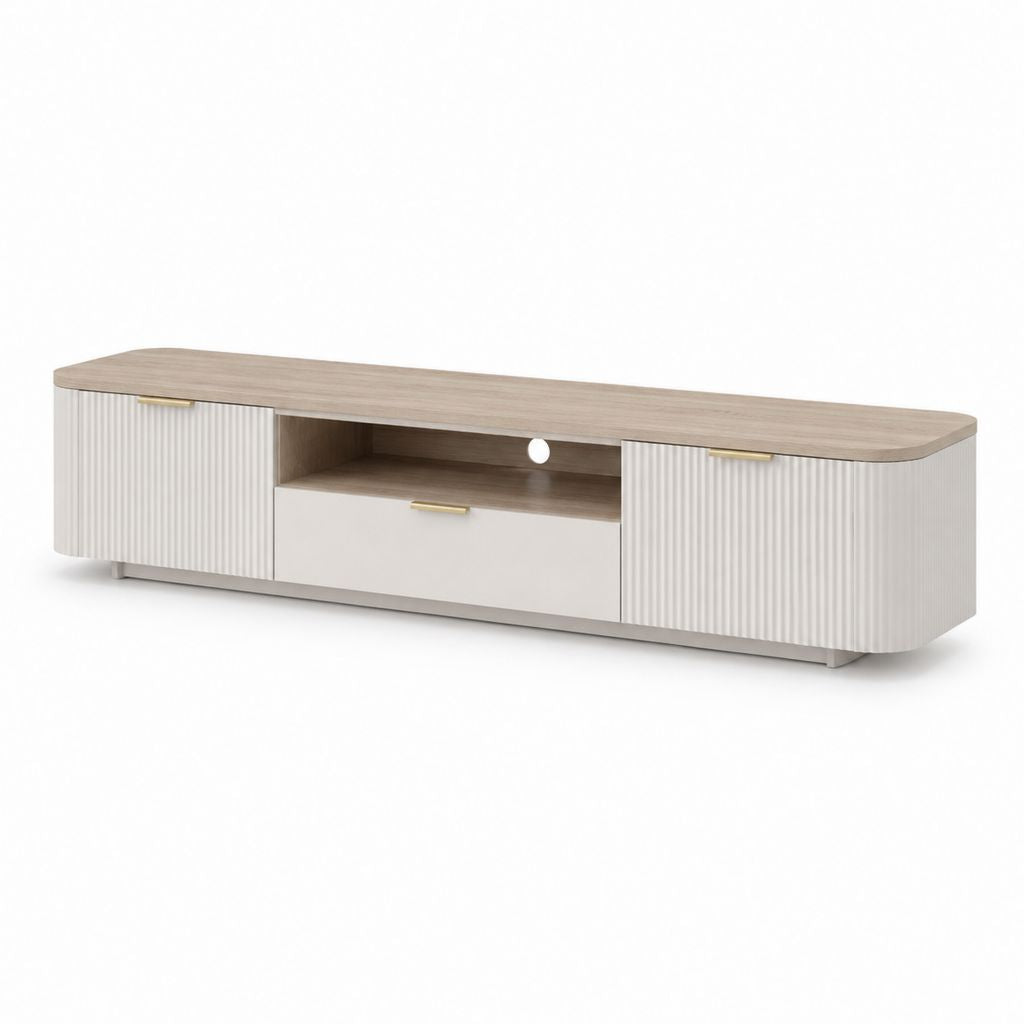 Meuble TV bas rectangulaire blanc et chêne clair en panneaux de particules 180 x 40 x 45 cm