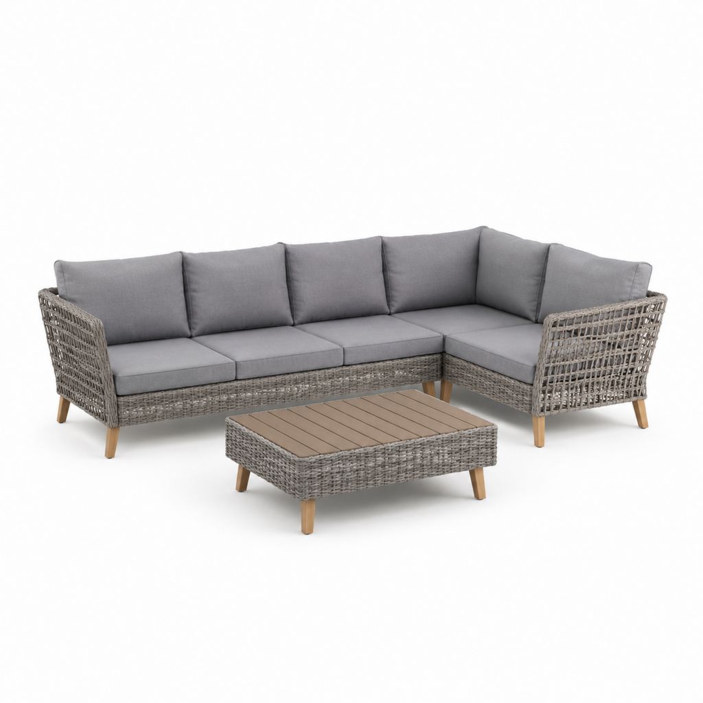 Salon de jardin d’angle 3 pièces gris en résine tressée PE et acacia 220 x 150 x 80 cm