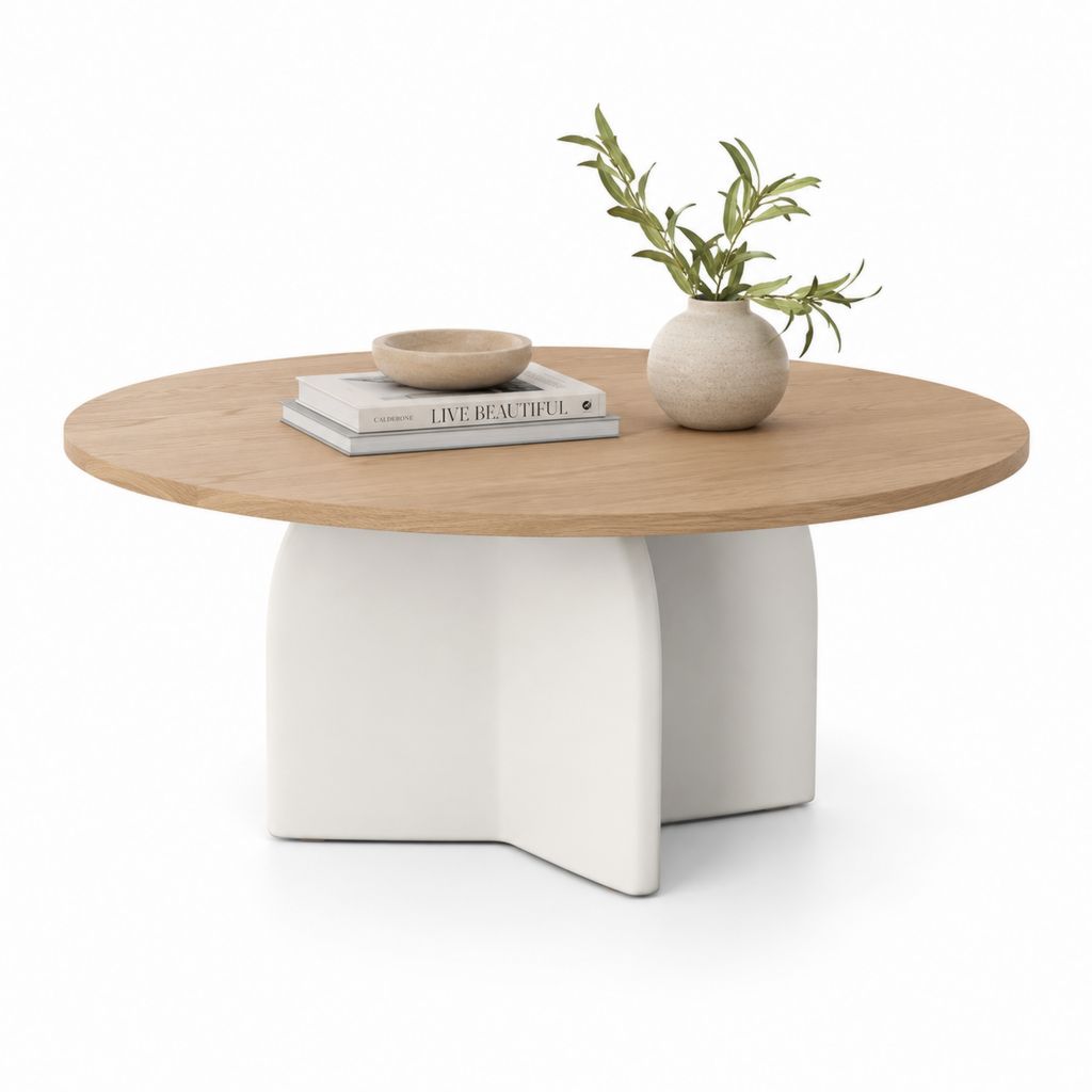 Table basse ronde en placage de chêne clair et MDF blanc 120 x 120 x 45 cm