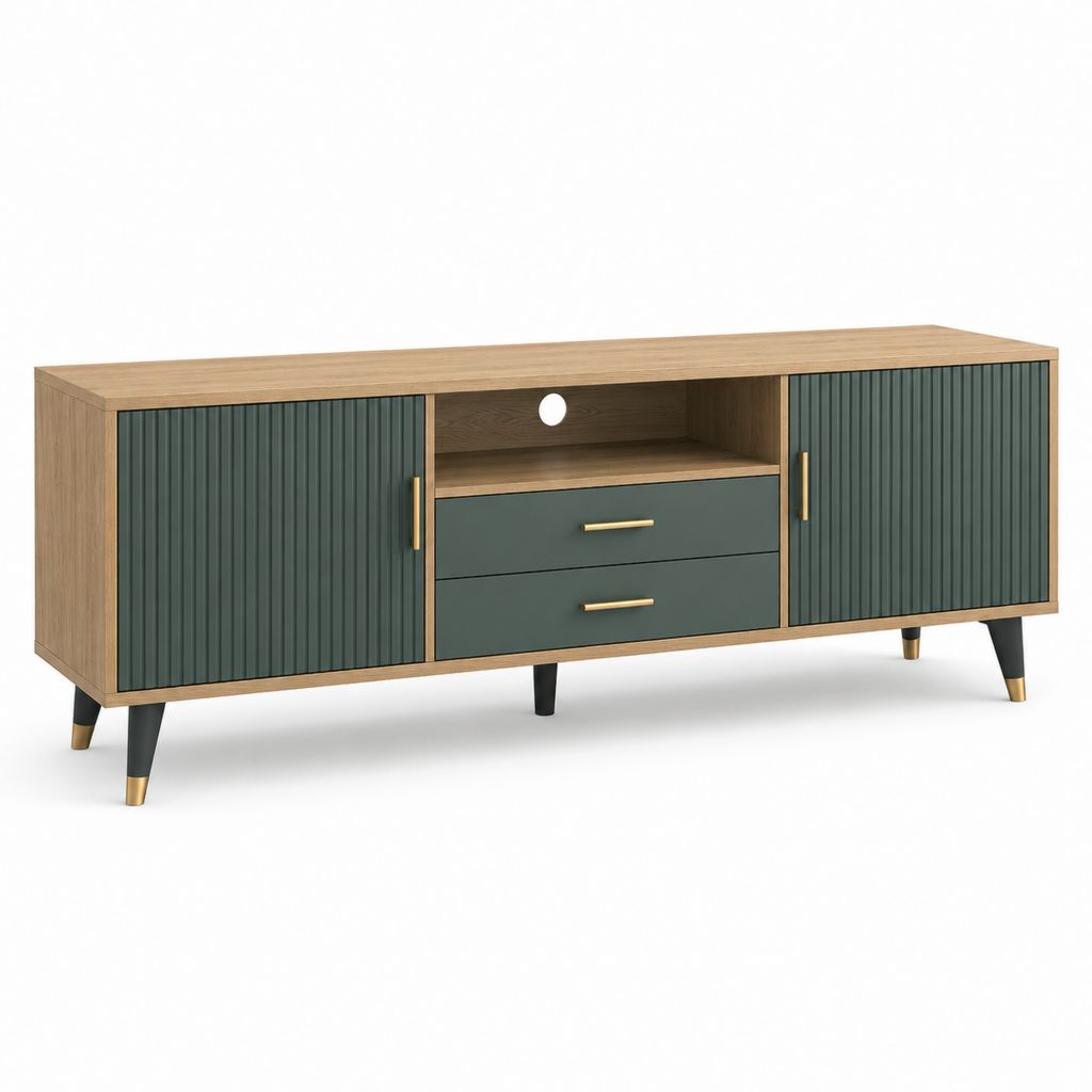 Meuble TV 160 x 40 x 60 cm chêne et vert foncé en panneaux de particules avec 2 portes et 2 tiroirs