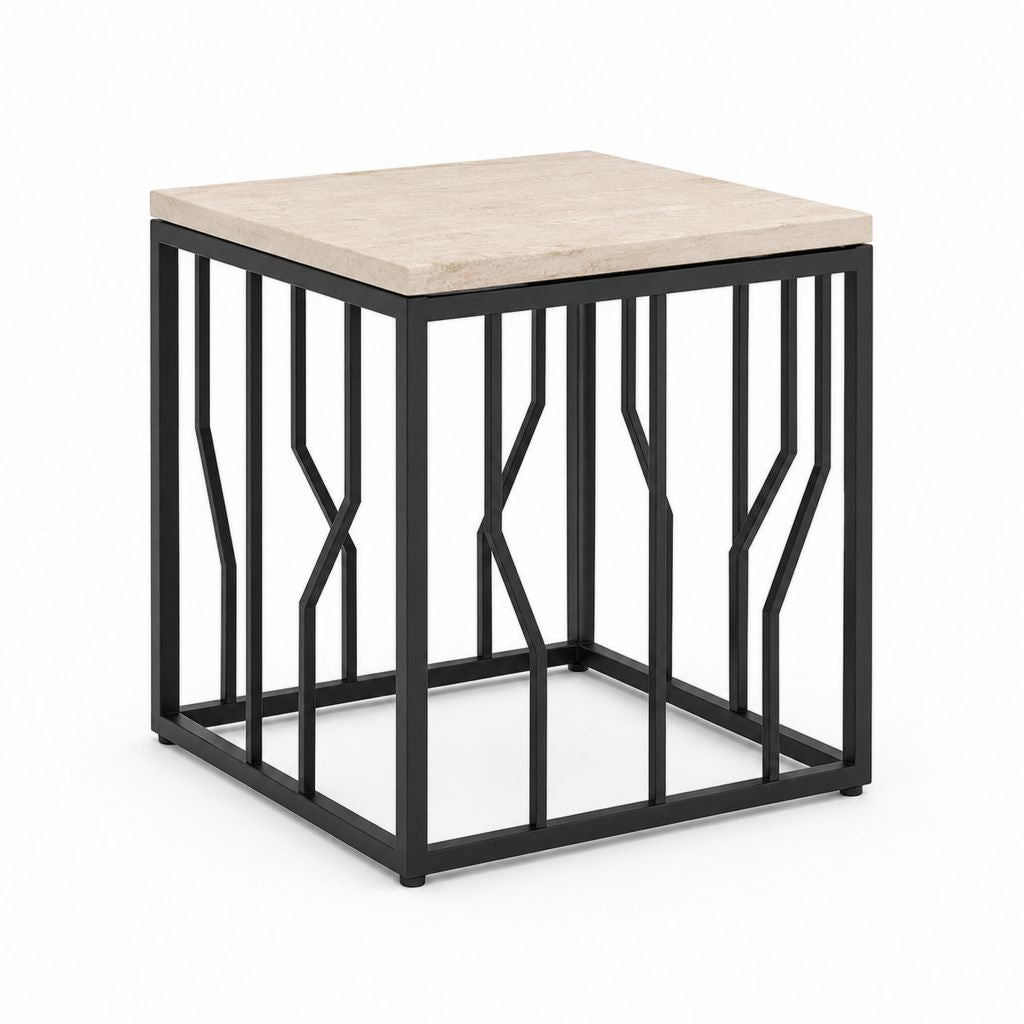 Table basse carrée beige et noire en panneau MDF décor travertin et acier 45 x 45 x 50 cm