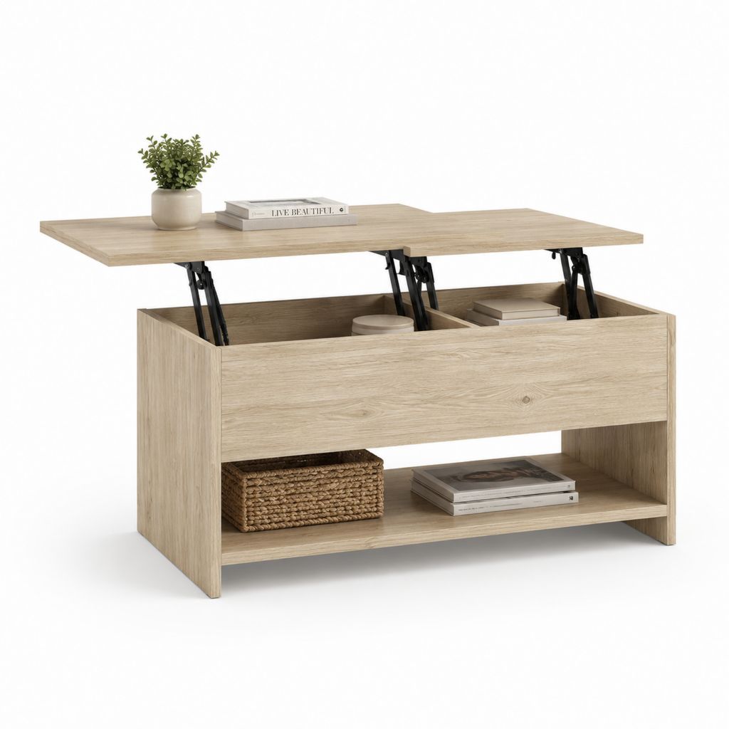 Table basse relevable rectangulaire chêne clair en panneaux de particules 100 x 50 x 45 cm