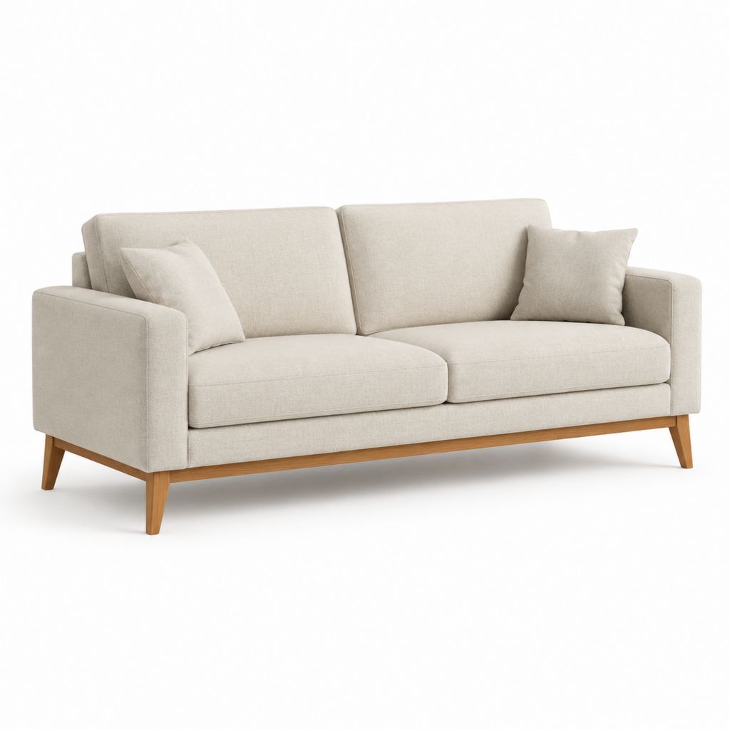 Canapé droit 3 places beige en polyester avec pieds en bois massif 200 x 90 x 85 cm
