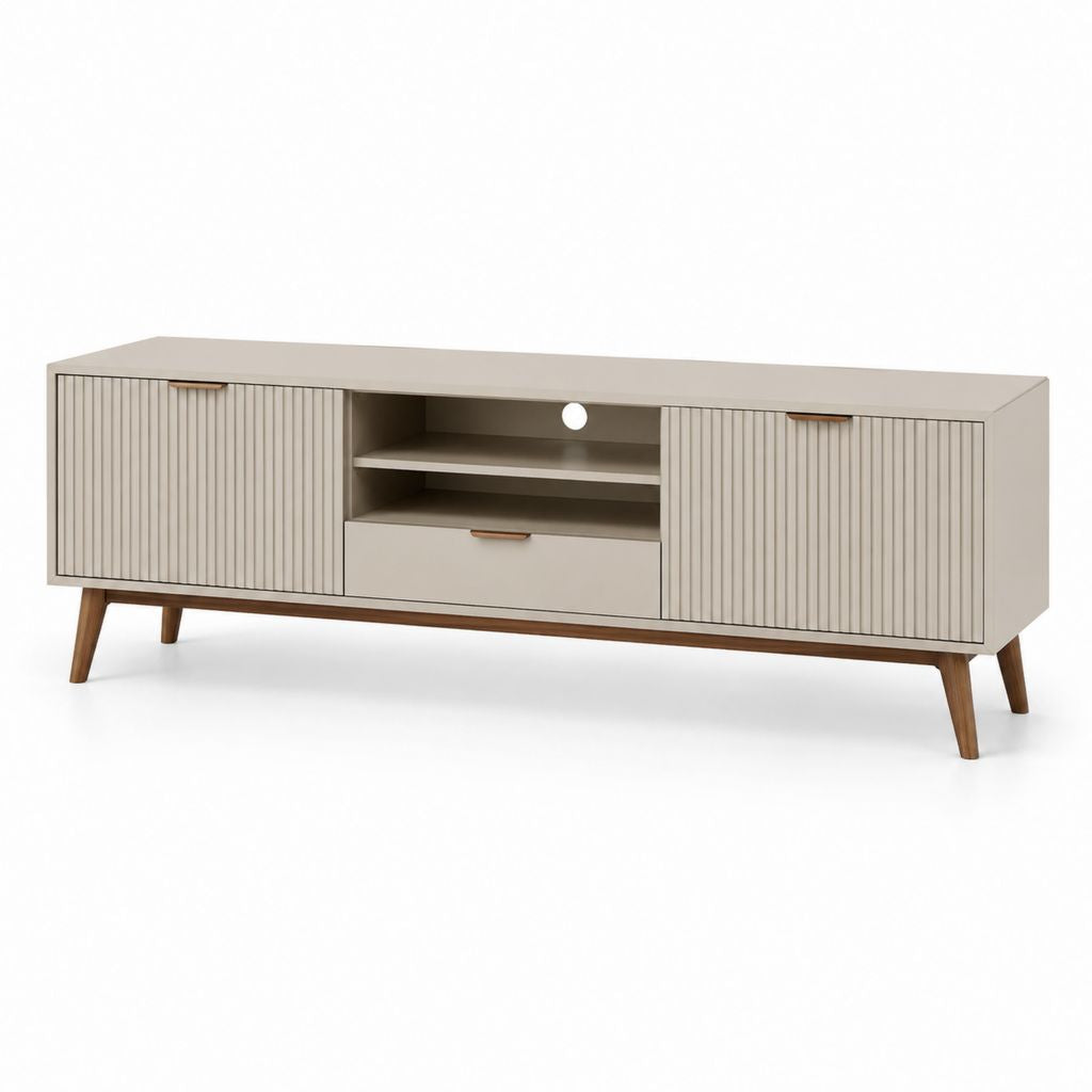 Meuble TV bas rectangulaire grège et noyer en MDF 160 x 40 x 60 cm avec 2 portes 1 tiroir et passe-câbles