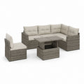 Salon de jardin d’angle 4 places gris taupe en résine tressée PE avec coussins et table 210 x 140 x 76 cm