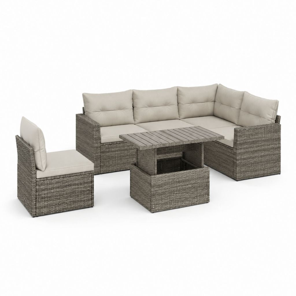 Salon de jardin d’angle 4 places gris taupe en résine tressée PE avec coussins et table 210 x 140 x 76 cm