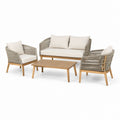 Salon de jardin 4 pièces beige et gris en acacia massif avec corde PE canapé 2 places 2 fauteuils et table basse 110 x 60 cm