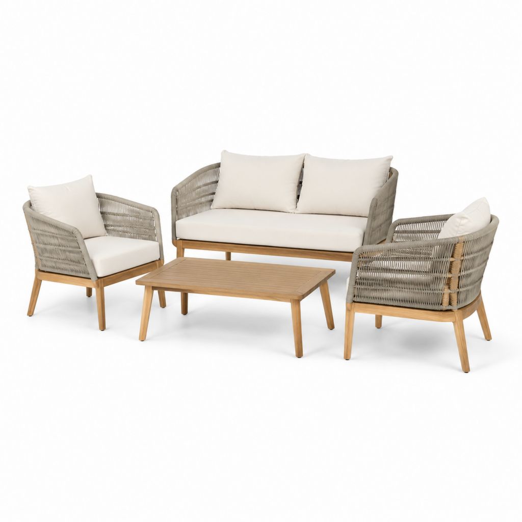 Salon de jardin 4 pièces beige et gris en acacia massif avec corde PE canapé 2 places 2 fauteuils et table basse 110 x 60 cm