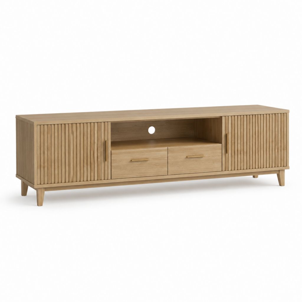 Meuble TV 180 cm chêne clair en panneaux MDF rectangulaire avec 2 portes et 2 tiroirs