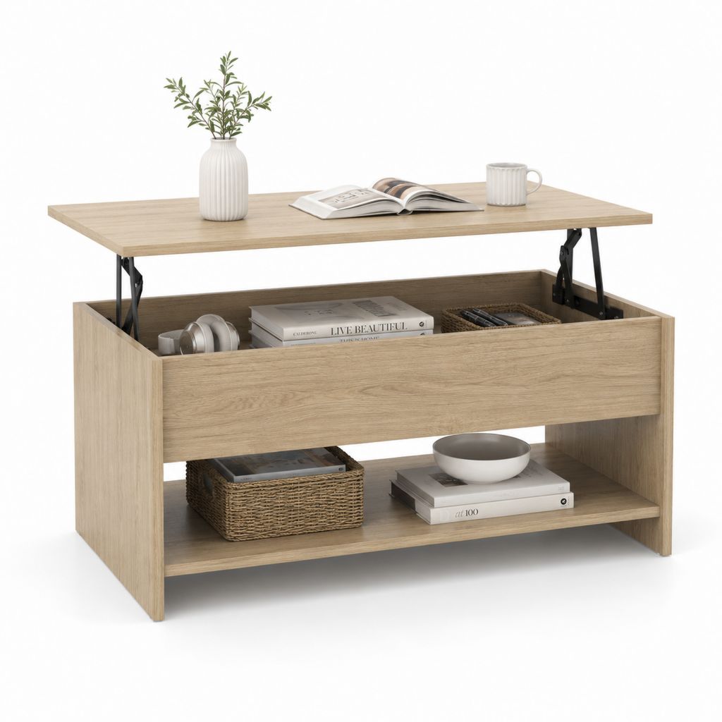 Table basse relevable rectangulaire chêne clair en panneaux de particules 100 x 50 x 45 cm avec rangement