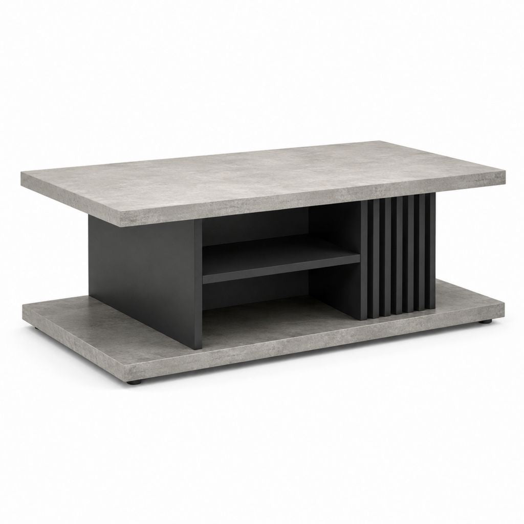 Table basse rectangulaire gris béton et noir en panneaux de particules 120 x 60 x 45 cm avec rangement