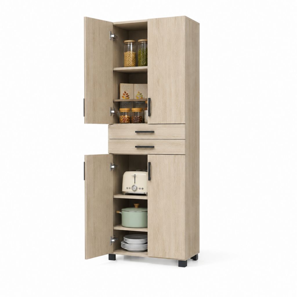 Armoire de cuisine haute chêne clair en panneaux de particules 60 x 40 x 180 cm avec 4 portes et 2 tiroirs
