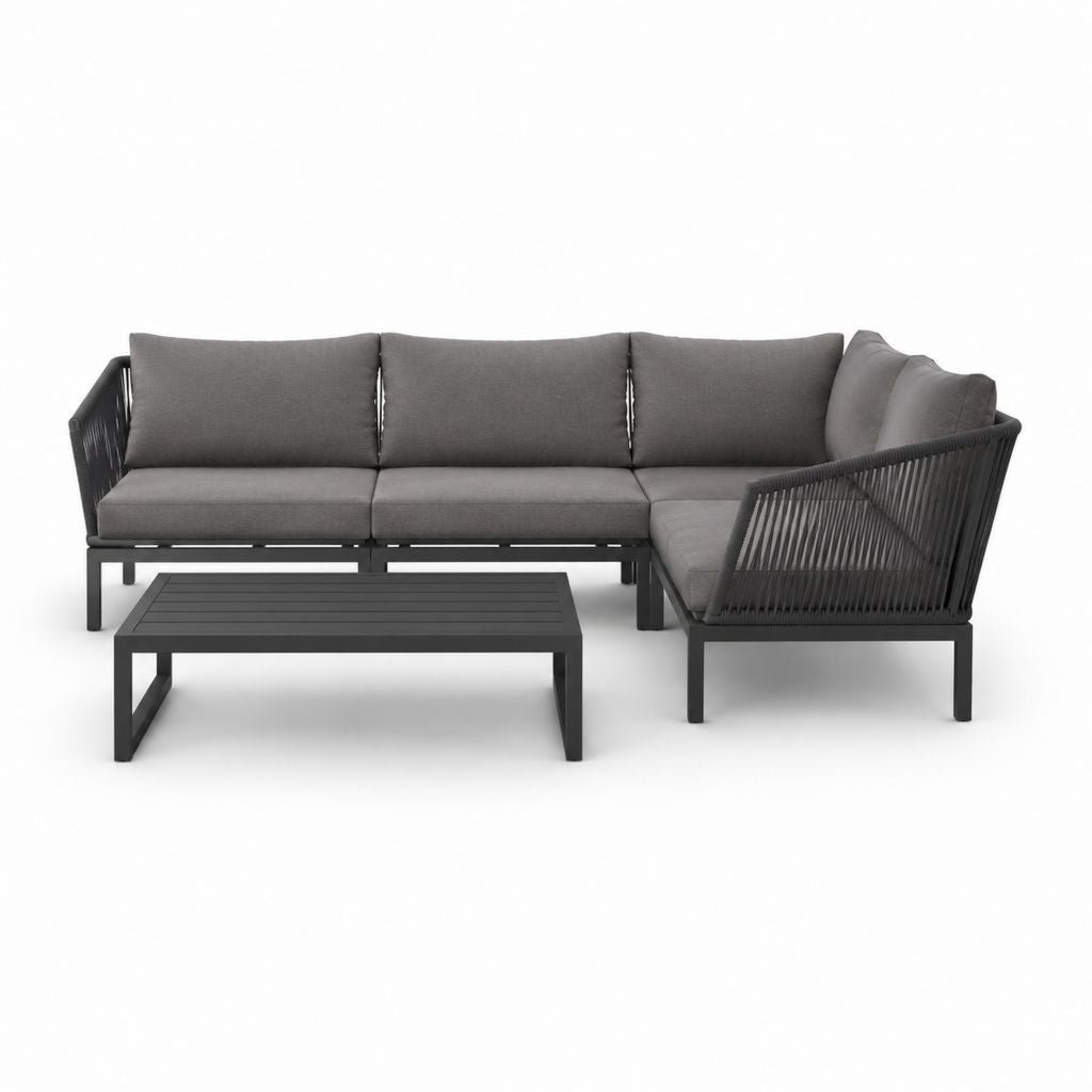 Salon de jardin d'angle 4 places gris anthracite en aluminium et corde polyester avec table basse 246 x 180 x 70 cm