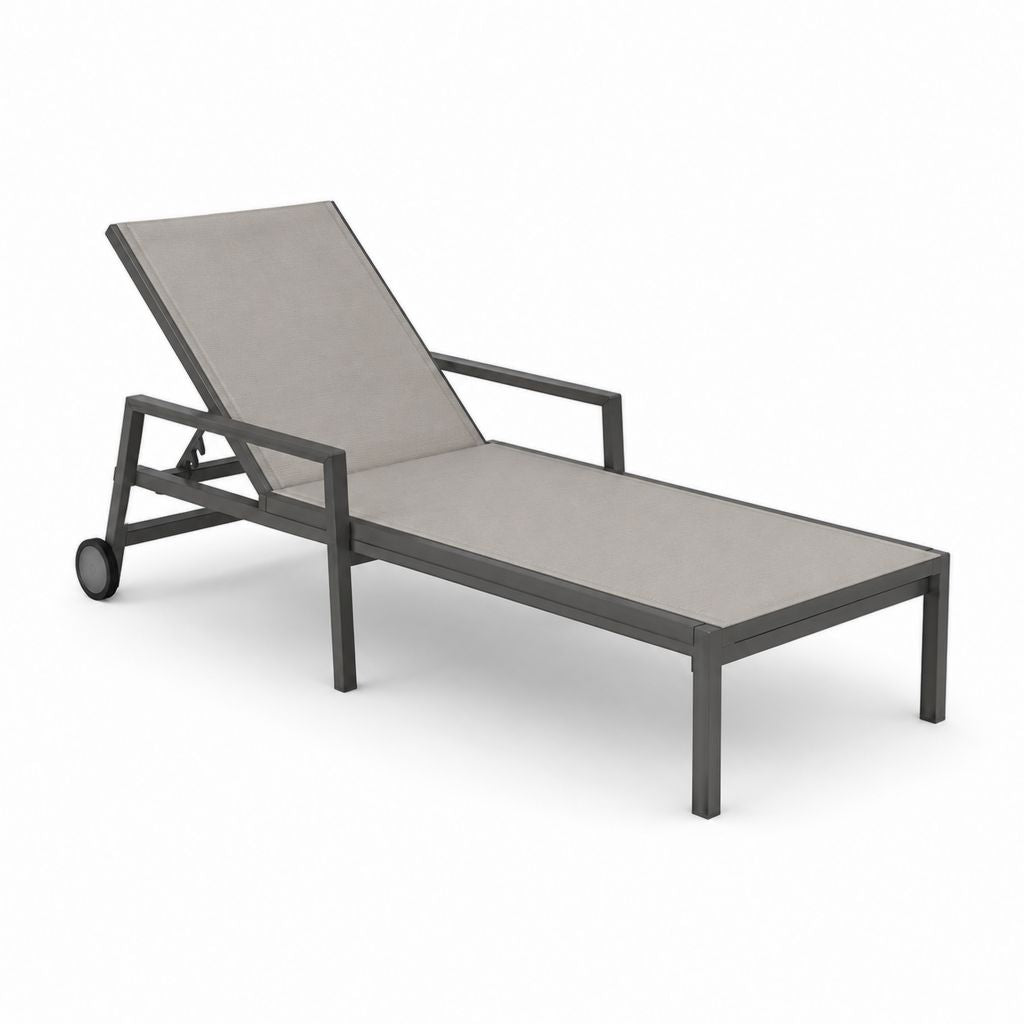 Bain de soleil à roulettes gris en aluminium et textilène rectangulaire 200 x 65 x 35 cm