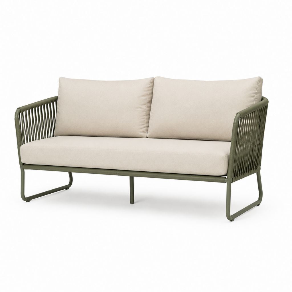 Canapé de jardin 2 places rectangulaire vert olive en acier avec cordage en polypropylène et coussins beige 140 x 75 x 78 cm