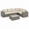 Salon de jardin d’angle 5 places gris en résine tressée PE avec coussins crème et table basse 250 x 190 cm