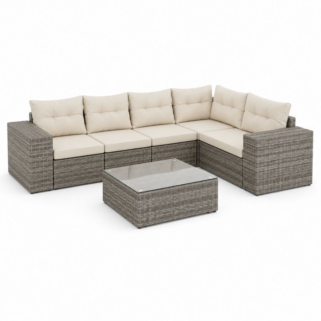 Salon de jardin d’angle 5 places gris en résine tressée PE avec coussins crème et table basse 250 x 190 cm