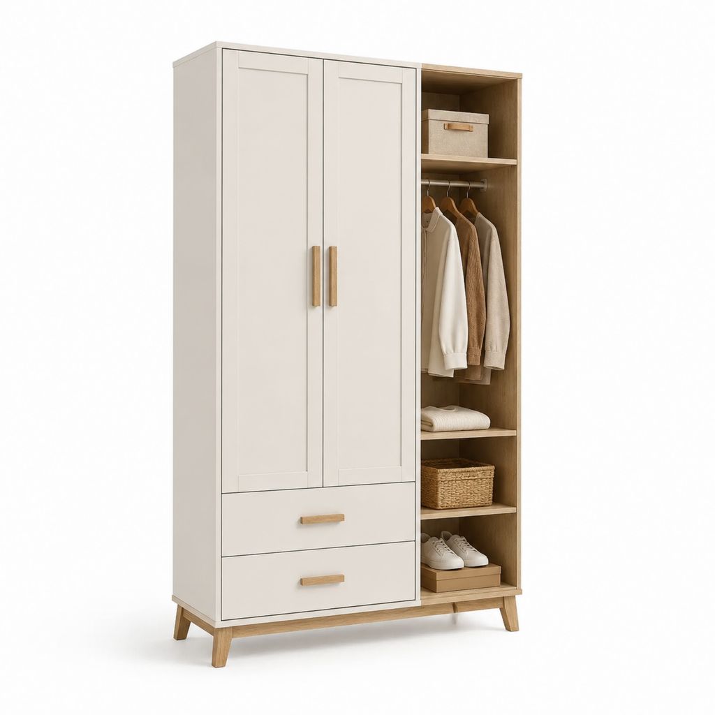 Armoire penderie rectangulaire 2 portes avec tiroirs et étagères blanc cassé chêne clair MDF 120 x 50 x 190 cm
