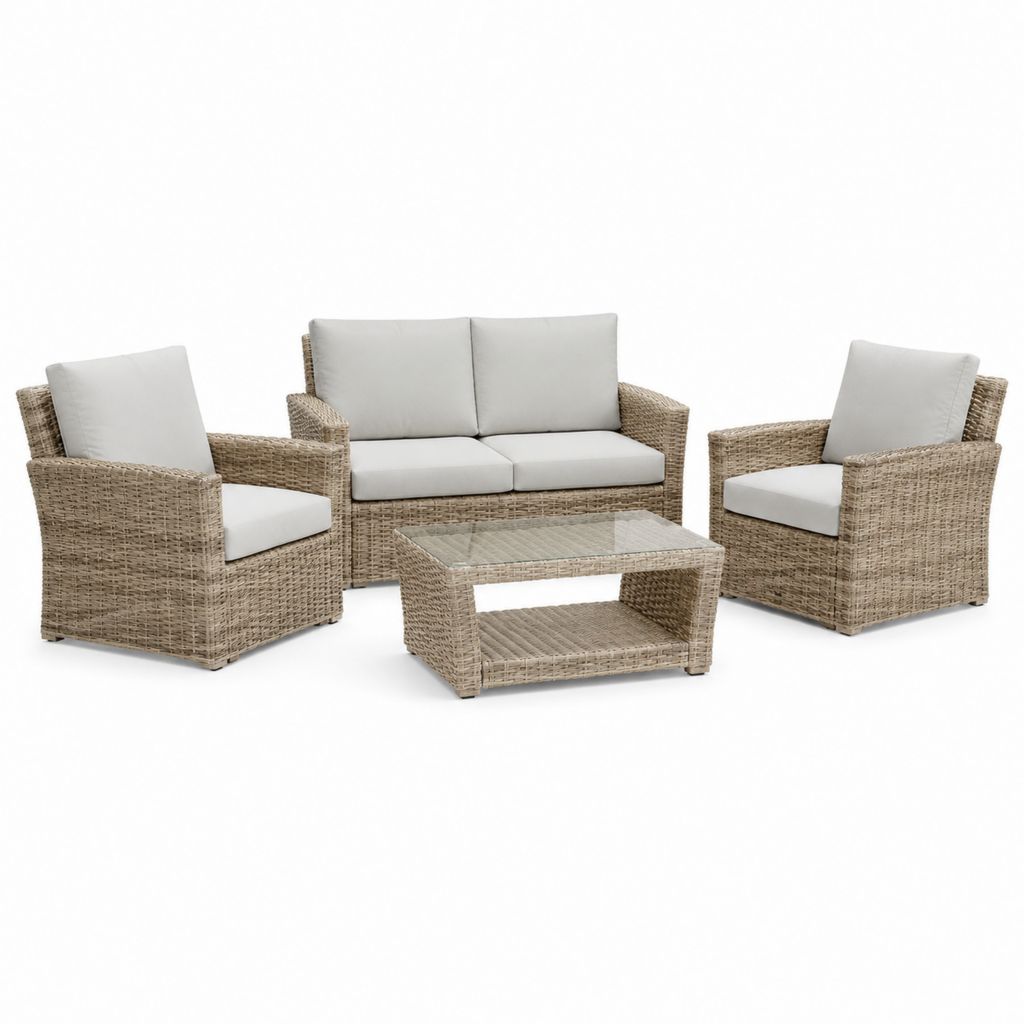 Salon de jardin 4 pièces beige en résine tressée avec coussins et table basse 90 x 50 x 33 cm