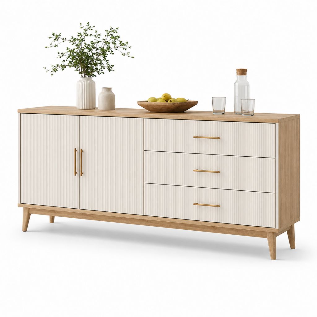 Buffet de cuisine 160 x 40 x 85 cm beige et chêne en panneaux de particules avec 3 tiroirs et 2 portes