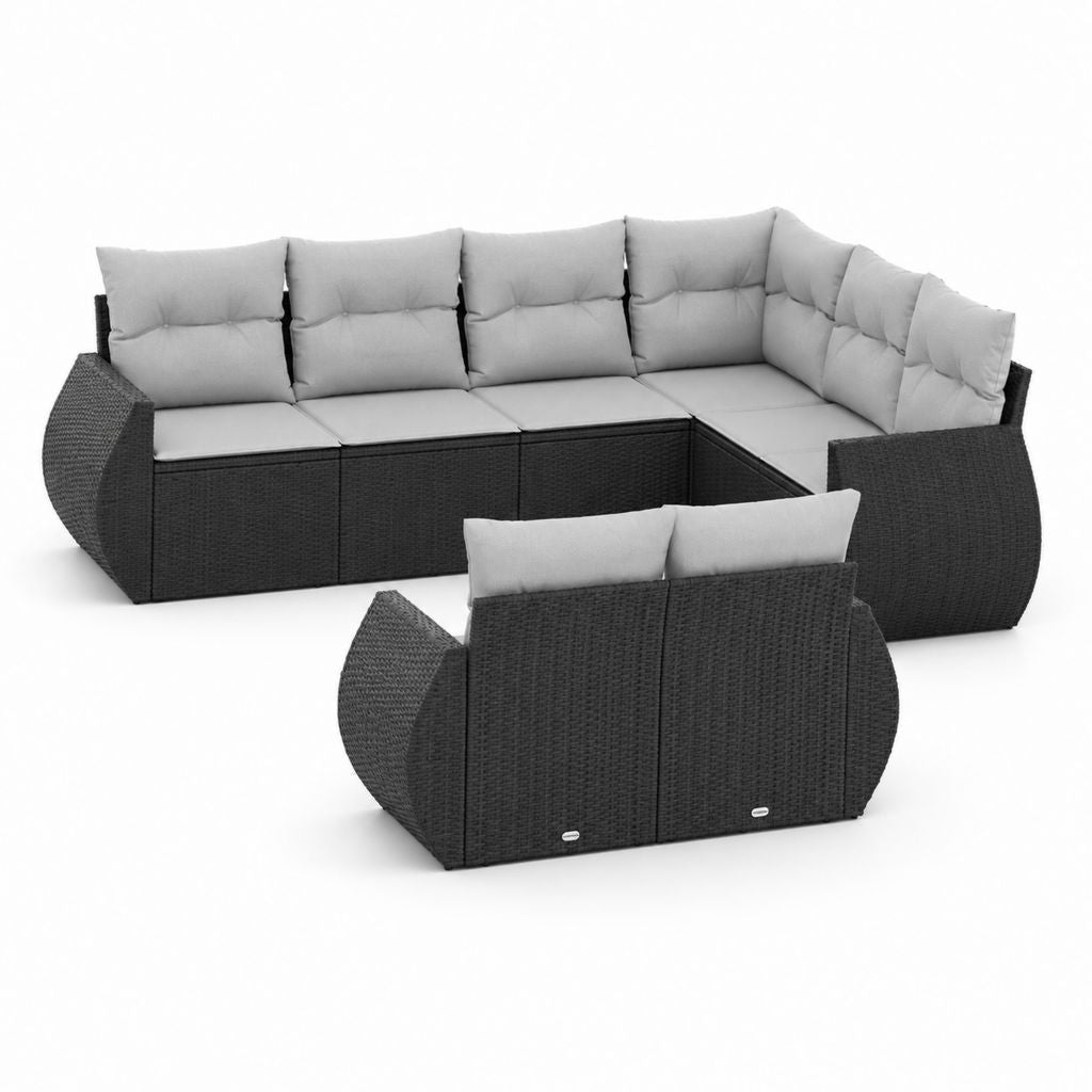 Salon de jardin d'angle 8 places noir gris en résine tressée PE avec coussins en polyester 300 x 230 x 75 cm